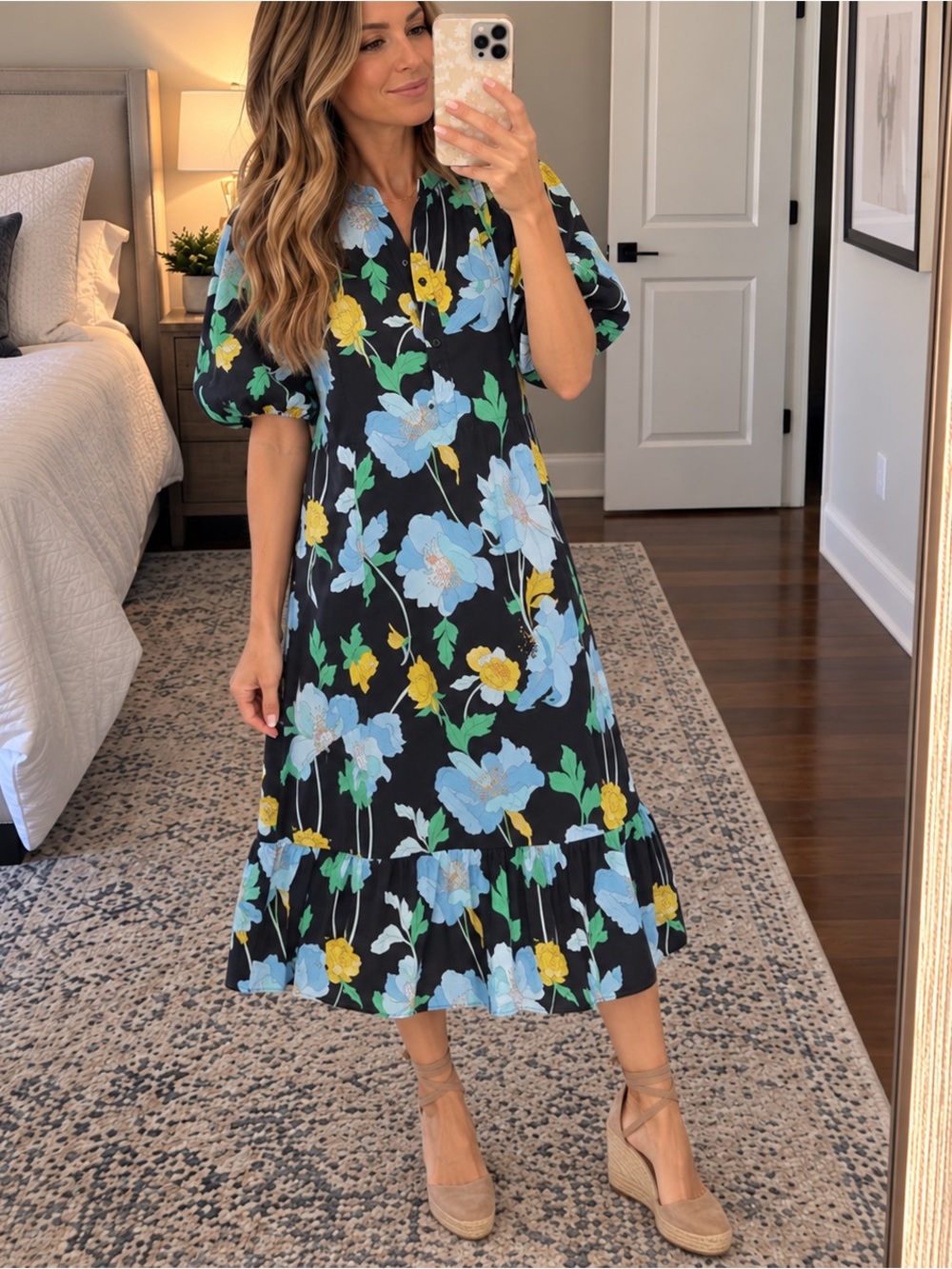 Hyacinth House Floral‎ Mimi Midi Dress Black Blue Yellow S AY809D